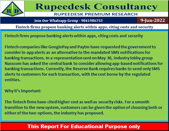 Fintech firms propose banking alerts within apps, citing costs and security - Rupeedesk Reports - 09.06.2022