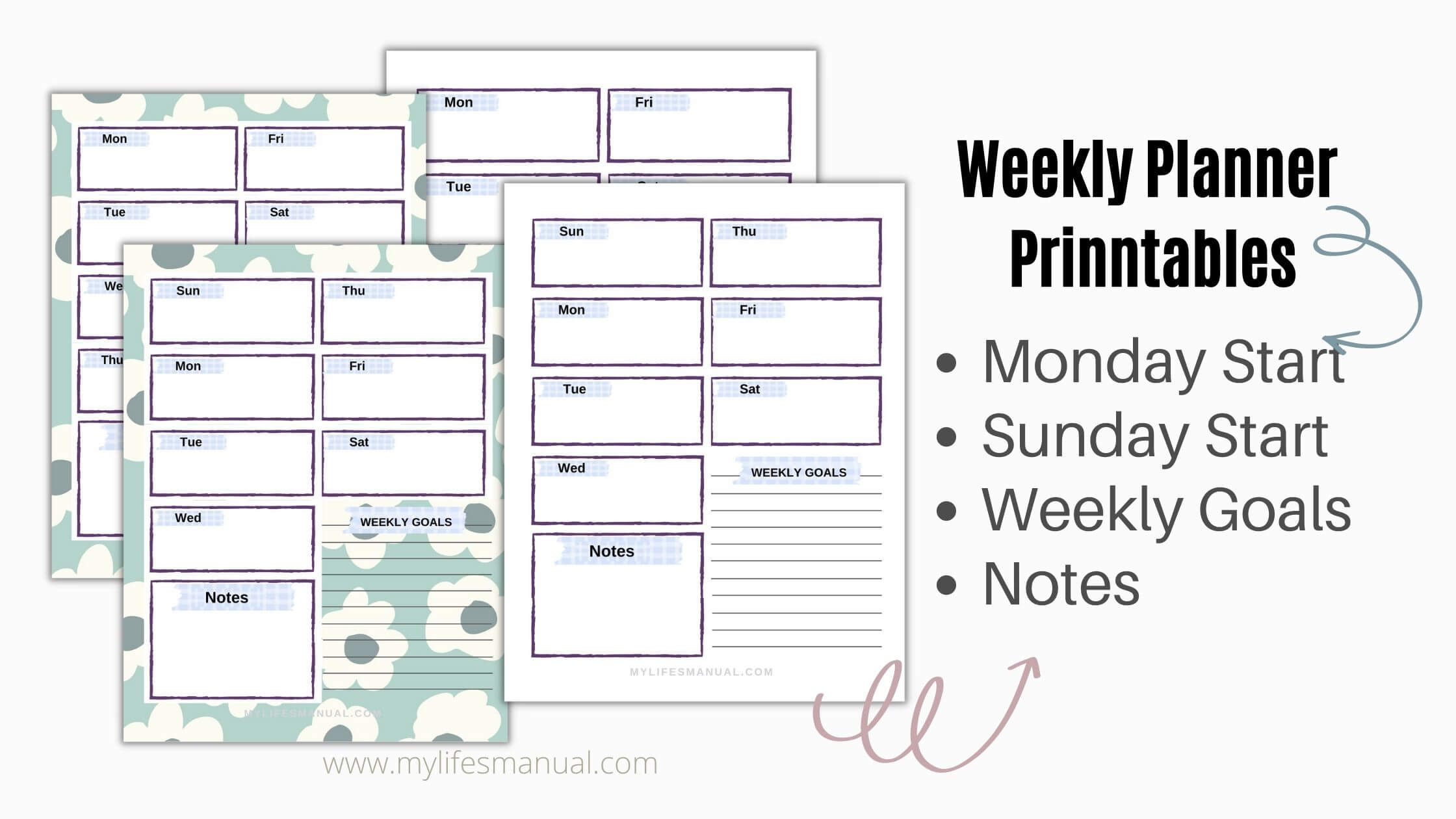 Weekly Planner. Monday and Sunday Start