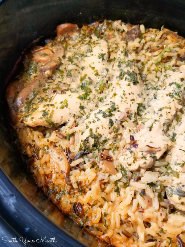 Slow Cooker Chicken & Wild Rice Casserole! A simple but delicious casserole recipe with wild rice, chicken tenderloins and mushrooms made easy in a crock pot.