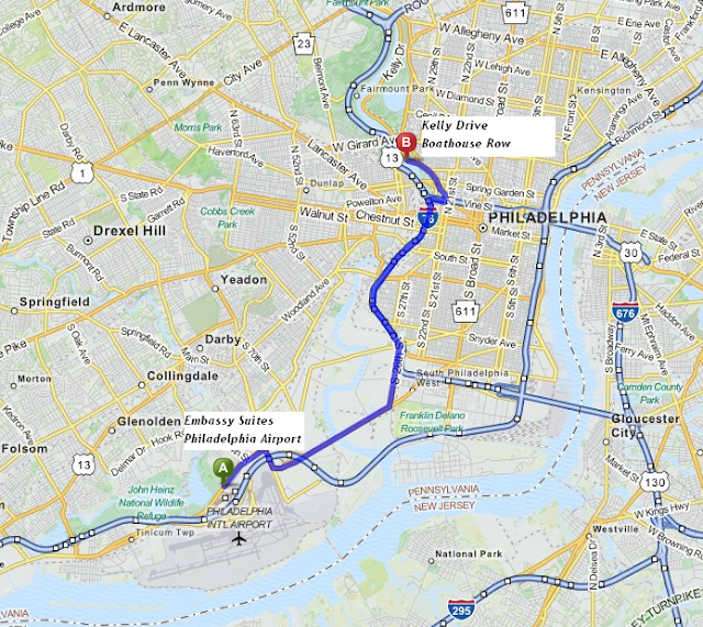 Map of route Boathouse Row-Kelly Drive is 9 miles/18 minutes from Embassy Suites Philadelphia Airport