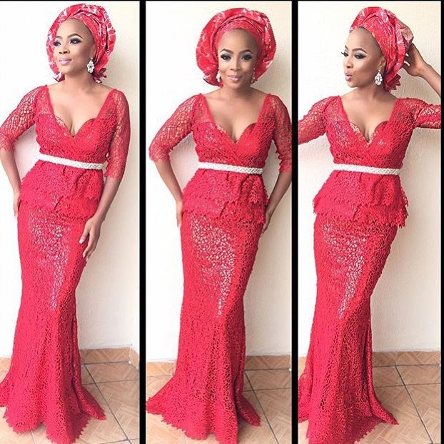 Checkout This Red Cord Lace Aso Ebi Style