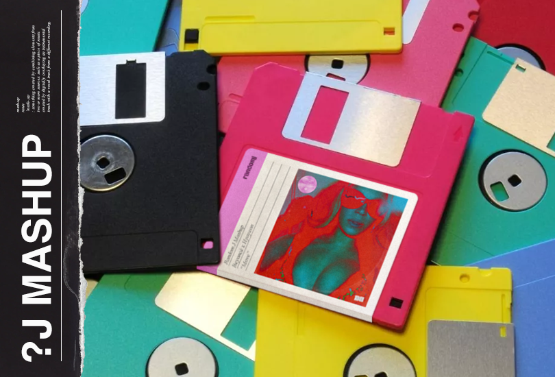 A pile of colourful floppy discs. With one pink disc with a label on it, which features the cover art of my Beyoncé x Hyo mashup. The cover art of which features a colour inverted shot of Beyoncé backstage on her Renaissance World Tour.