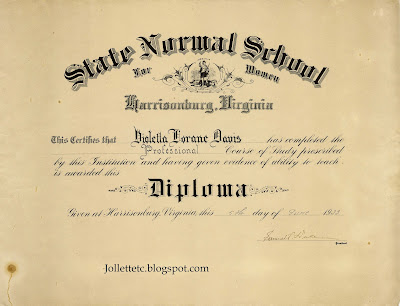 Violetta Davis Ryan's first diploma https://jollettetc.blogspot.com