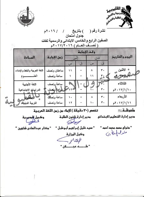 جدول إمتحانات الترم الاول محافظة القليوبيه 2017 للشهادة الابتدائيه