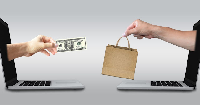 This is an image showing an exchange of a dollar bill and package through computers