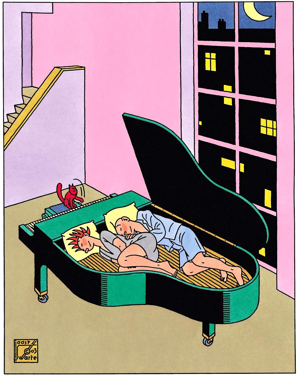 a Joost Swarte 2003 illustration of a couple sleeping in an open piano