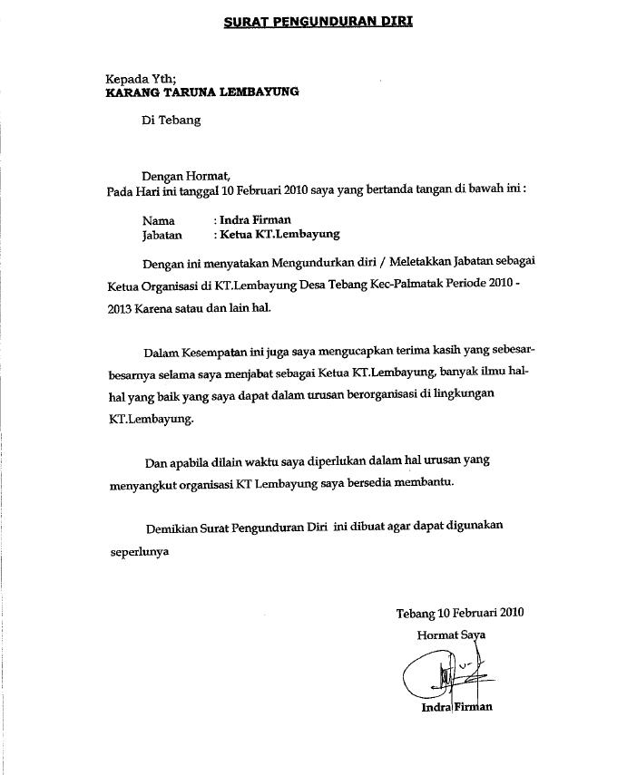 SURAT PENGUNDURAN DIRI KETUA TERPILIH PERIODE 20102013