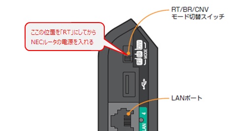 NECルータの動作モード切替スイッチを「RT」位置にする