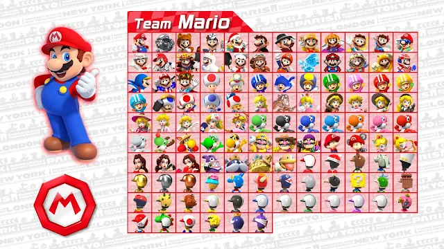 Arte que mostra os personagens da equipe Mario em Mario Kart Tour
