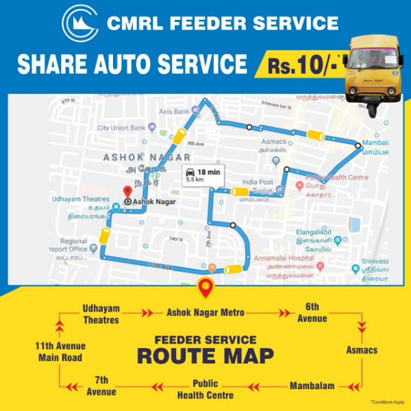 Chennai Metro - Ashok Nagar Metro Station to Udhayam Theatre - Share Auto Route, Timing, Fare & More