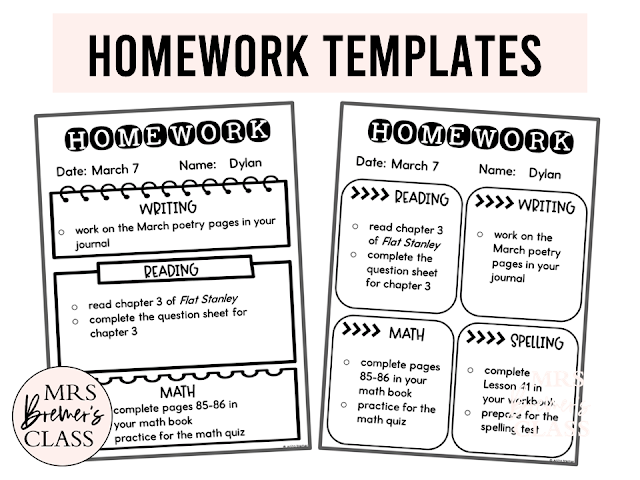 Homework templates pack with ten editable homework forms for Kindergarten, First Grade, Second Grade, Third Grade