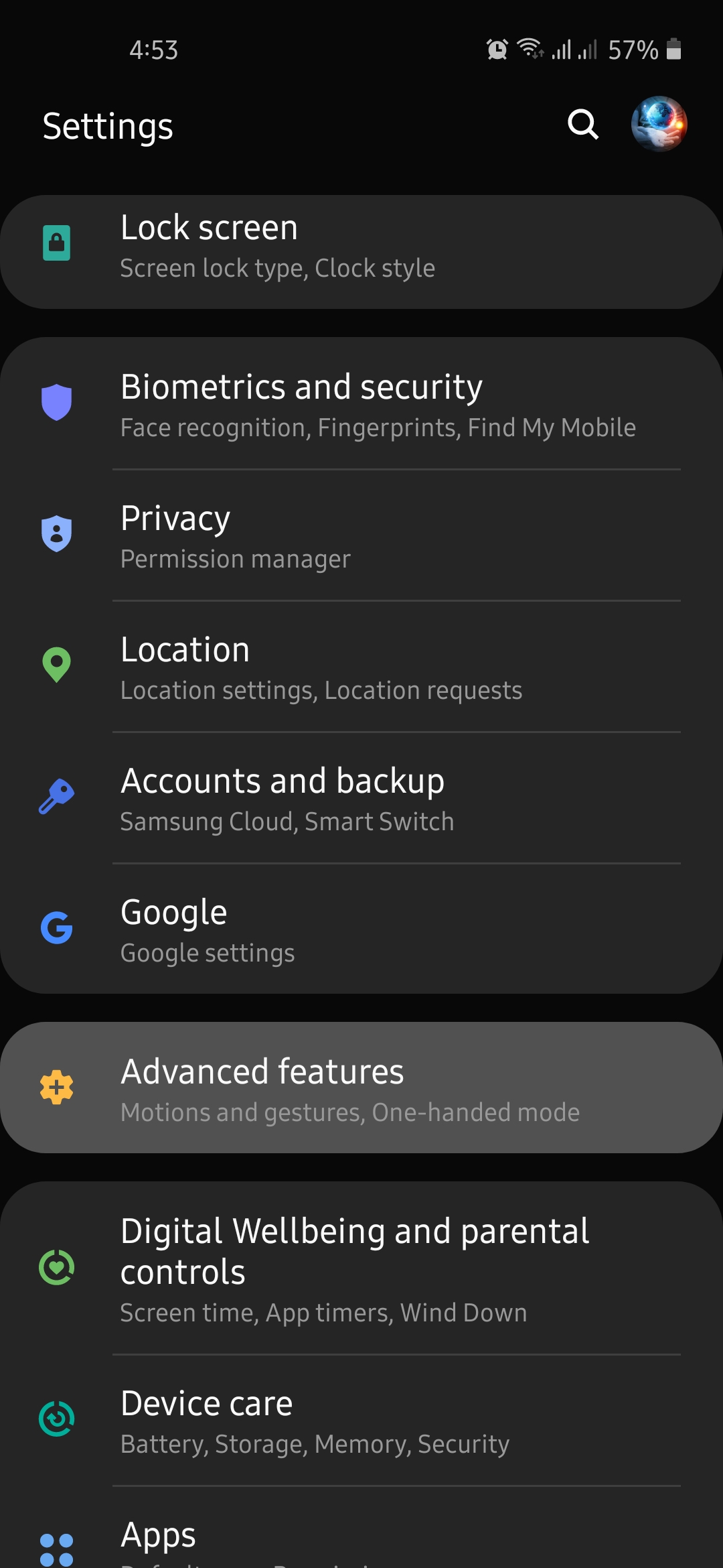 Tap Advanced features from Settings