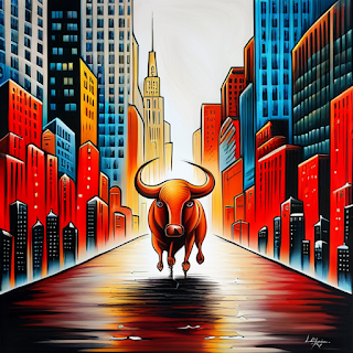 Stable Diffision DreamStudio Beta: megan duncanson style painting, charging bull on Wall Street, early stages of sunset, psychedelic effects --ar 16:9