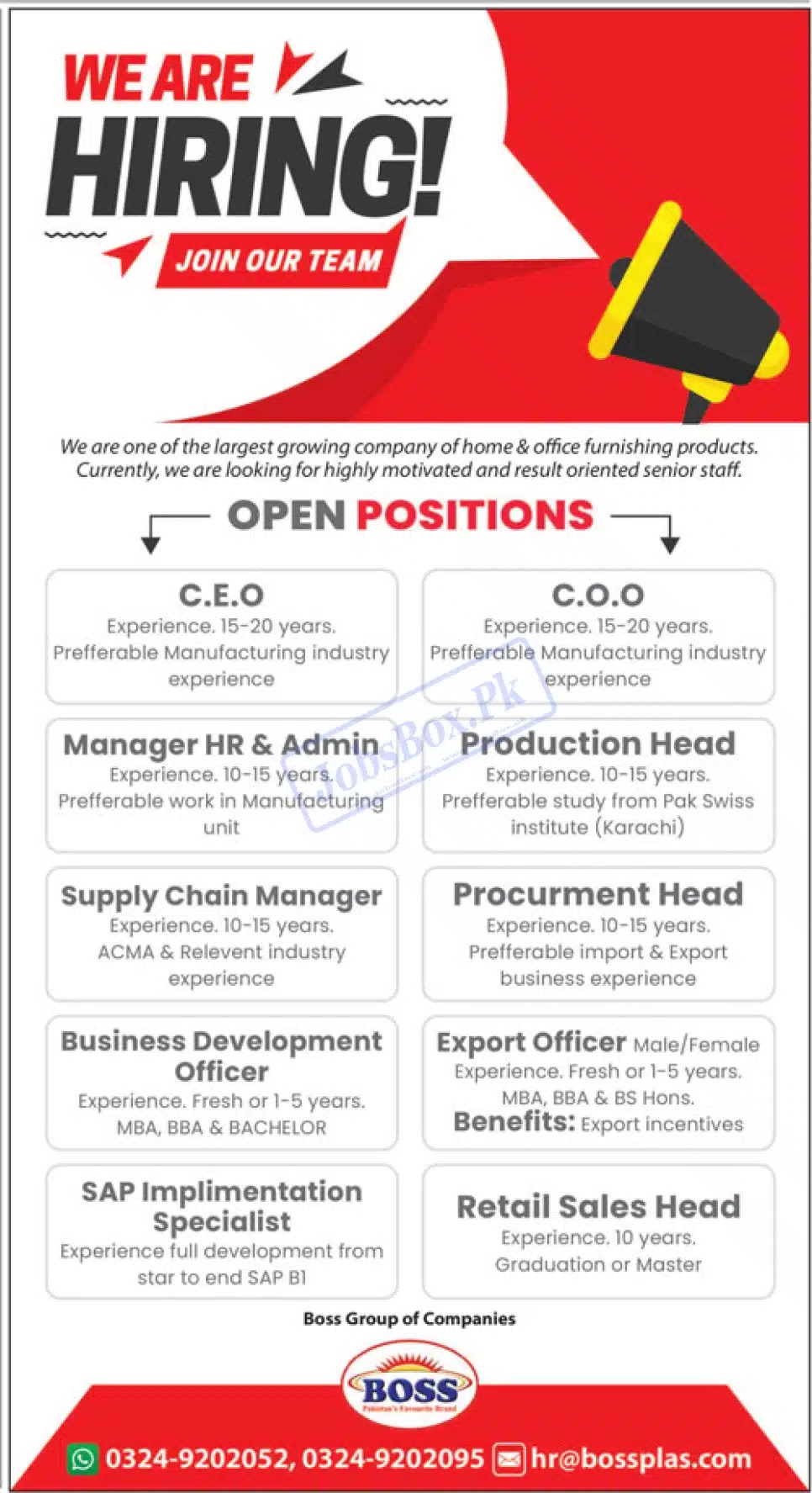 Boss Pakistan Jobs 2023 Latest Advertisement