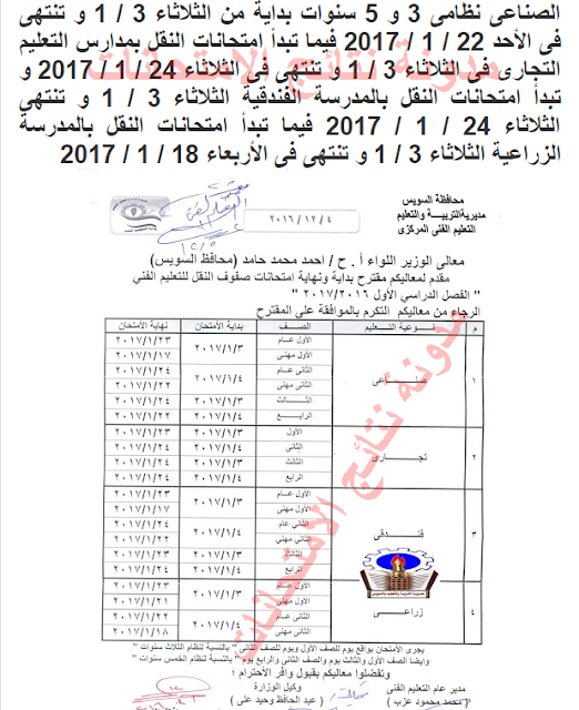 جدول امتحانات النقل للتعليم الفنى (الترم الاول) 2017 (صناعى - تجارى - زراعى)