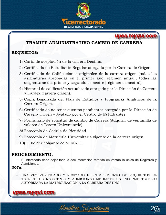 Matriculación UPEA 2021: Trámite Administrativo Cambio de Carrera