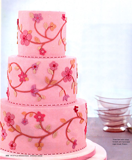 Beautiful three tier pink wedding cake with flowers