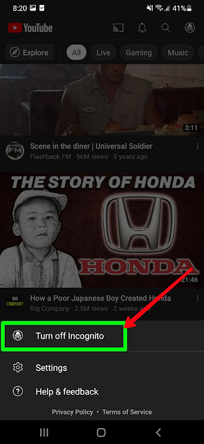 Cara untuk menyalakan dan mematikan mode incognito di youtube android