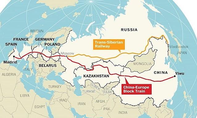 中国浙江省金華市義烏(Yiwu)からモスクワ経由でスペインのマドリッドまでの貨物鉄道の地図