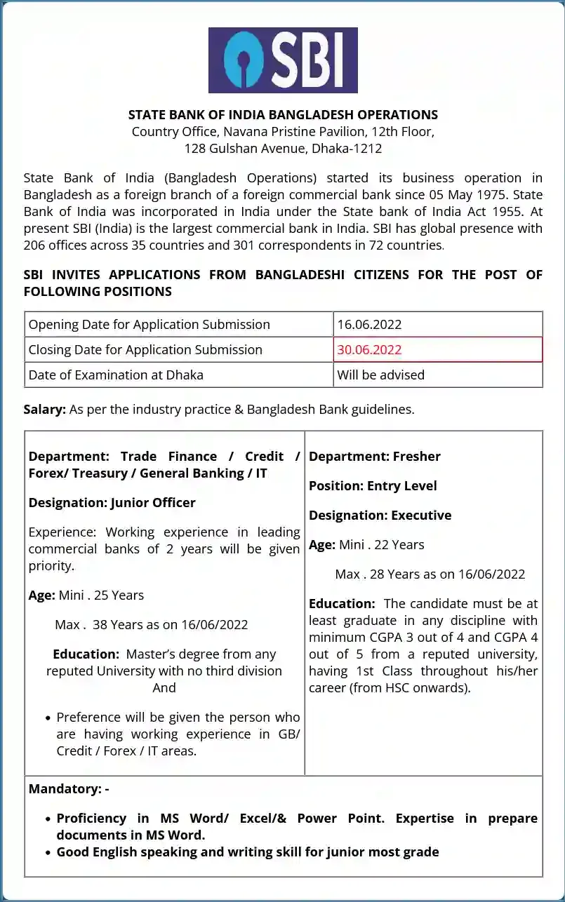 State Bank Of India Bangladesh Job Circular 2022