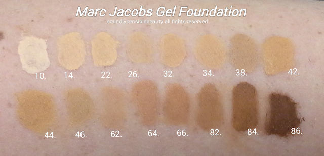 Marc Jacobs Super Charged Genius Gel Foundation, Oil Free; Review & Swatches of Shades 10 Ivory Light, 14 Ivory Medium, 22 Bisque Light, 26 Bisque Medium, 32 Beige Light, 34 Beige Medium, 38 Beige Deep, 42 Golden Light, 44 Golden Medium, 46 Golden Deep, 62 Fawn Light, 64 Fawn Medium, 66 Fawn Deep, 82 Cocoa Light, 84 Cocoa Medium, 86 Cocoa Deep