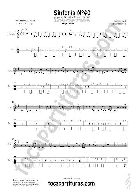 Hoja 1  Ukelele Tablatura y Partitura de Sinfonía Nº 40 Punteo Tablature Sheet Music for Ukelele Tabs Music Scores   PDF y MIDI aquí