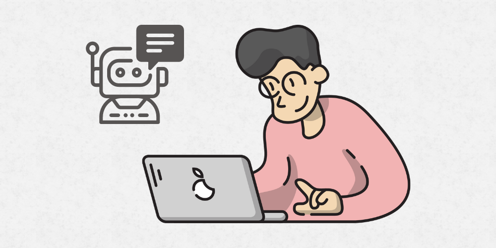 desenho de um homem mexendo no seu notebook com um simbolo de robo simbolizando automação de um bot de jogo como o elfbot
