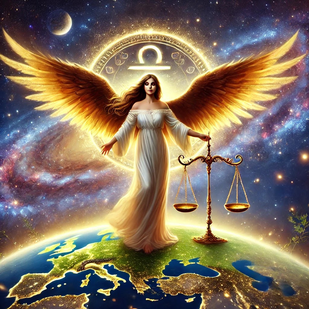 A grounded angel standing on a glowing earth, guiding Libra to stay centered and balanced in life’s challenges.