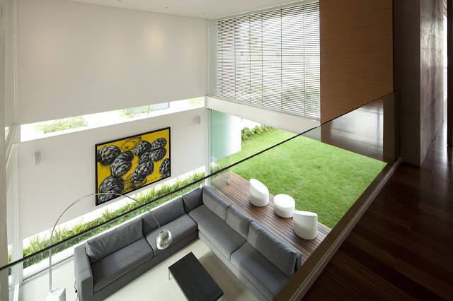Modern living room of FF House in Mexico from upper floor