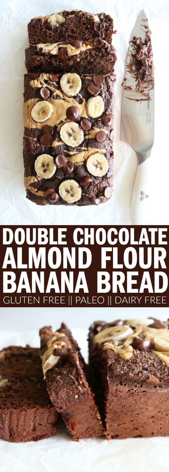 The best double chocolate banana bread recipe you'll ever need! Made with almond flour, it's gluten free, dairy free, and paleo! Grab the milk and enjoy the chocolatey goodness!! thetoastedpinenut.com #glutenfree #paleo #bananabread #dairyfree #chocolate #almondflour