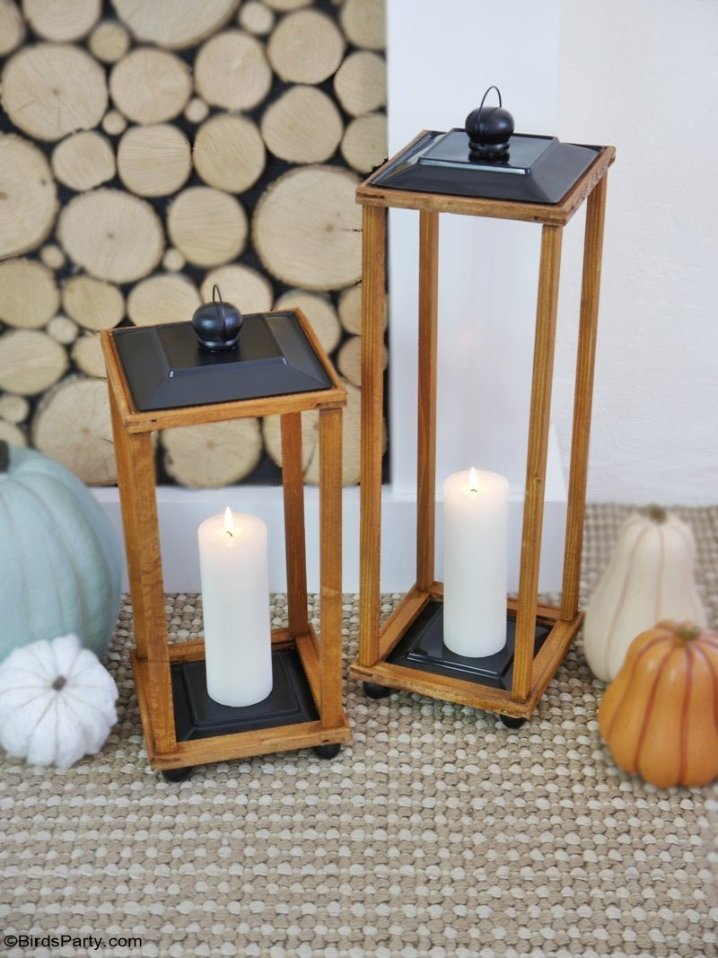 Easy DIY Modern Farmhouse Wood Lanterns - quick and easy to make high-end large lanterns made on a budget. Ideal to decorate your home for any season! by BirdsParty.com  @BirdsParty #diy #homedecor #farmhouse #farmhousedecor #farmhouselanterns #modernfarmhouse #diylanterns #woodlanterns #magnoliahome #diyhomedecor