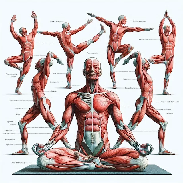 A diagram showing the muscle groups and joints that benefit from yoga practice