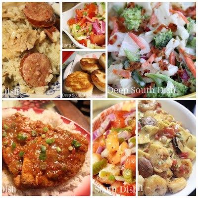 Broccoli and Cauliflower Refrigerator Salad, Southwestern Pork Chops, Creamy Cajun Shrimp and Sausage with Noodles, Galettes Skillet Biscuits, Tomato and Cucumber Salad with Honey Mustard Vinaigrette, Shrimp Salsa and Instant Pot Chicken Bog.