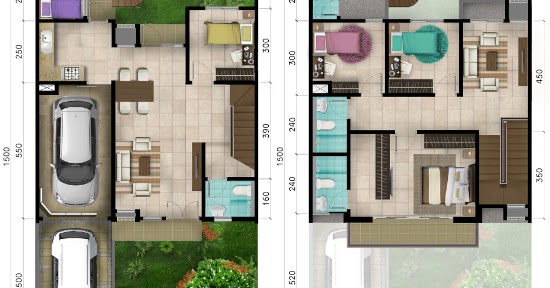 Denah rumah minimalis ukuran 9x15 meter 5 kamar tidur 2 