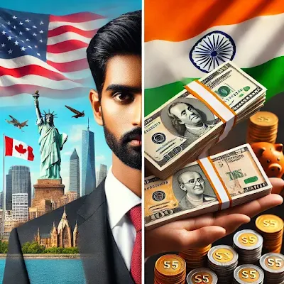A split-screen image: One side shows an NRI in the US/UAE/Canada, and the other side shows stacks of money representing tax savings in India.