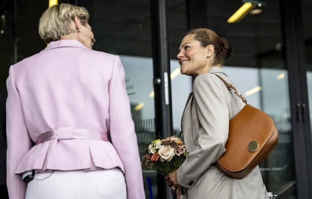 Crown Princess Victoria wore a beige Sasha wool blazer by Filippa K. Little Liffner crossbody bag