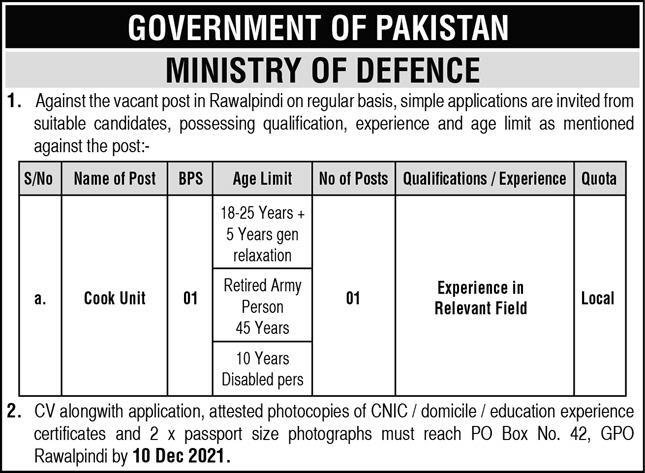 Latest Ministry of Defence Army jobs Posts Rawalpindi 2022