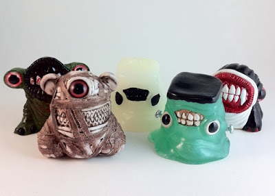 Trick or Teeth Halloween Mini Figure Series by Motorbot - Zombie Hunch, Mummy Meathead, Glow in the Dark Ghost Goober, Frankenstein Booger and Vampire Treature