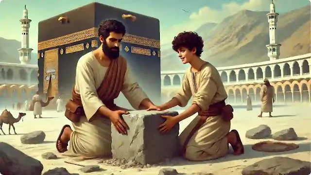 سيدنا إبراهيم وابنه إسماعيل عليهما السلام يبنيان الكعبة في مكة.