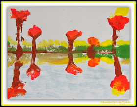 Fall Trees Reflected in Water: Kindergarten Paintings via RainbowsWithinReach