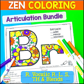 Have fun with this Zen coloring bundle! Articulation practice of r, l, s and th sounds that's perfect for mixed group speech therapy activities.. Elementary and middle school kids love coloring the fun patterns on these no-prep printables. Click to see more. #speechsprouts #speechtherapy #articulation #noprep