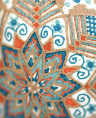 Brown Chicken Egg Pysanky Etched and Dyed Orange and Blue Traditional Star Pattern