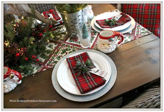 French Country Farmhouse Christmas Dining Room-Red Plaid Napkins-Christmas Tree Farm Theme-From My Front Porch To Yours