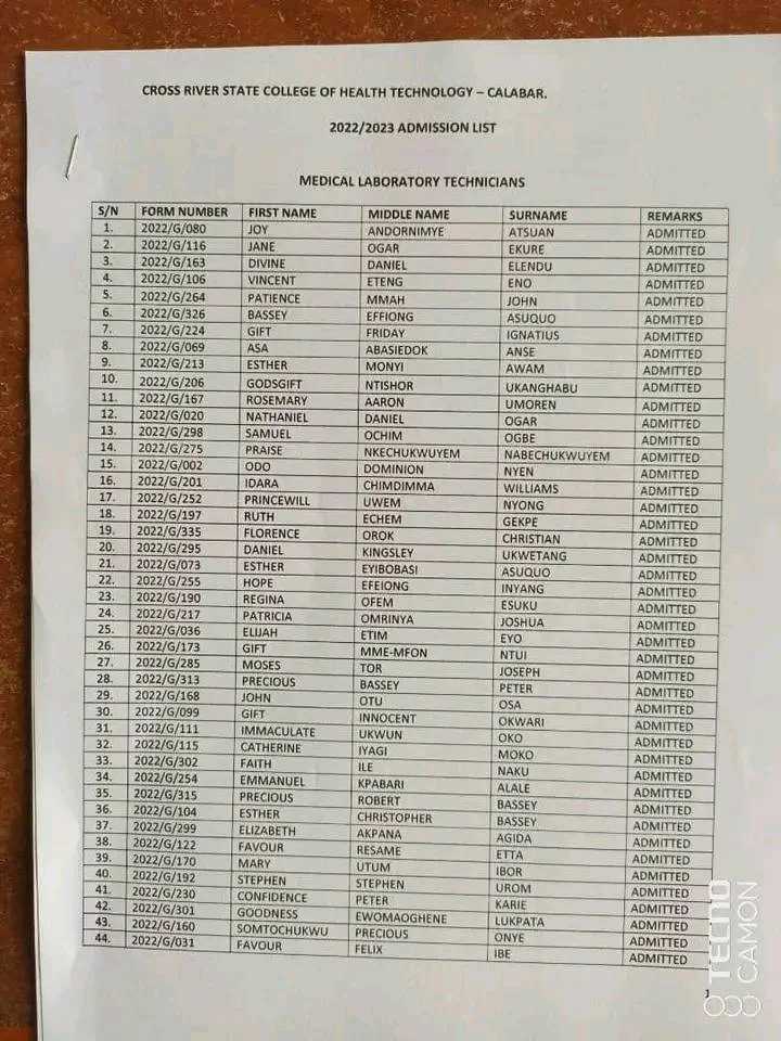 CHT Calabar Admission List 2022/2023 | ND & HND