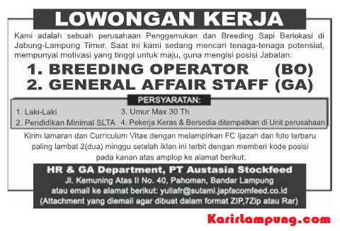 Lowongan General Affair Staff & Breeding Operator PT. Austasia Stockfeed Terbaru