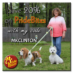 Save 20% on PrideBites with my code meme of M. K. Clinton & dogs