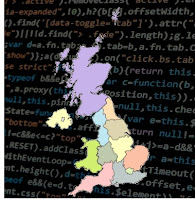 Outline map of UK over a background of computer code