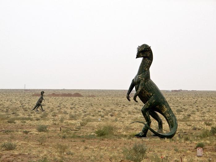 North of China on the Sino-Mongolian border, near the town of Erenhot (also known as Erlian), you will find the statues of two towering Brontosauruses. The two dinosaurs are located on either side of the main highway, their long necks stretching to the other, until the two dinosaur's mouth meet as if to share a kiss. Each dinosaur statue is 34 meters wide and 19 meters high. The span of the two together reaches 80 meters. The ground near the kissing couple is littered with many dozen smaller statues of dinosaurs of all shapes and sizes.