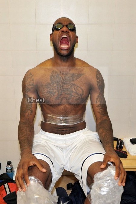 LeBron James with chest tattoo of a lion;. was he wailing from tattoo pain?
