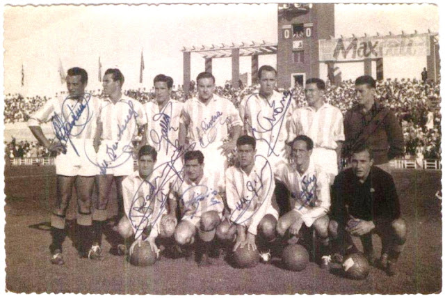 REAL VALLADOLID DEPORTIVO. Temporada 1957-58. Tini, Badenes, Gallet, Rivera, Arana, Pontoni y Mambrilla (portero suplente). Rodríguez II, Piquín, Gijón, Quetu y Benegas. REAL VALLADOLID DEPORTIVO 2 CLUB ATLETICO DE MADRID 2. 29/09/1957. Campeonato de Liga de 1ª División, jornada 3. Valladolid, estadio Municipal José Zorrilla. GOLES: 0-1: 34’, Agustín, de penalti. 1-1: 39’, Badenes. 1-2: 44’, Agustín. 2-2: 56’, Rodríguez II.